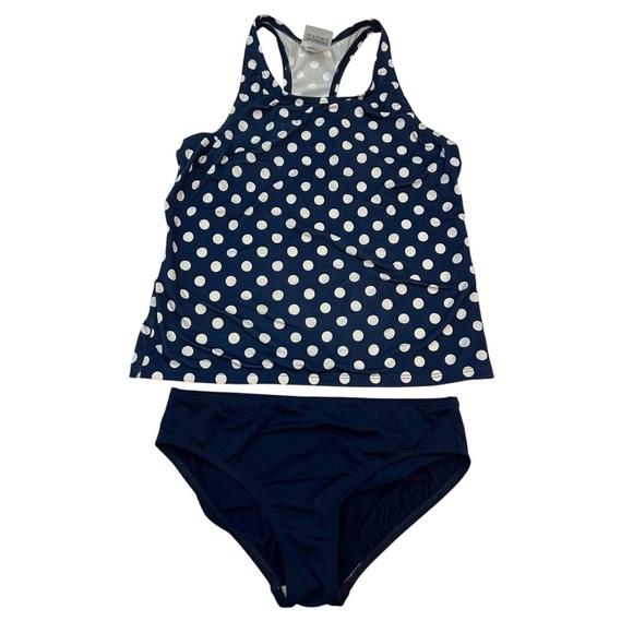 Lands’ End Girls Swim Set Top Sz 10 Bottoms Sz 8 Navy White Polka Dot Tankini - Picture 1 of 8